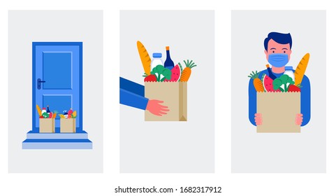 Food delivery service concept, online order. Truck or scooter warehouse courier with a delivery man in a respirator mask.. Vector illustration