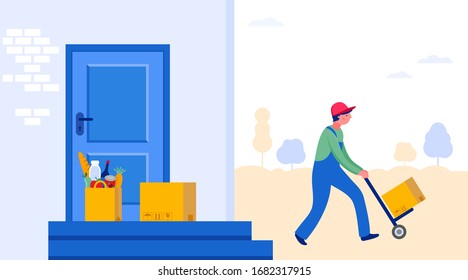 Food delivery service concept, online order. Truck or scooter warehouse courier with a delivery man. Vector illustration