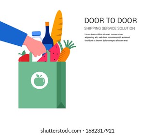 Food delivery service concept, online order. Truck or scooter warehouse courier with a delivery man. Vector illustration