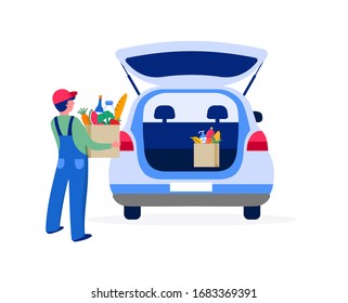 Food delivery service concept, online order tracking. Warehouse, truck and scooter courier, with a delivery man in a respirator mask. Vector illustration