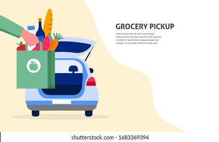 Food delivery service concept, online order tracking. Warehouse, truck and scooter courier, with a delivery man in a respirator mask. Vector illustration