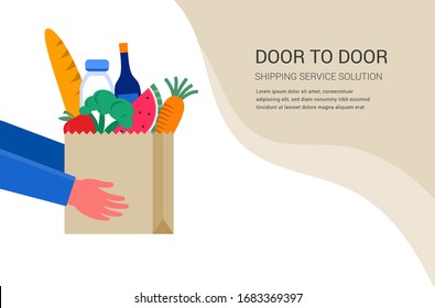 Food Delivery Service Concept, Online Order Tracking. Warehouse, Truck And Scooter Courier, With A Delivery Man In A Respirator Mask. Vector Illustration