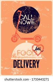 Food Delivery Service Concept Typographical Vintage Grunge Poster Design With Electric Scooter. Retro Vector Illustration.