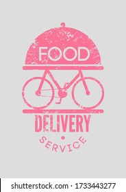 Food delivery service concept typographical vintage grunge poster design with bike. Retro vector illustration.