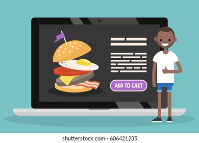 Food delivery service. Conceptual illustration. Young black man pointing thumbs up / flat editable vector illustration