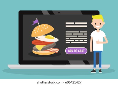 Food delivery service. Conceptual illustration. Young blond teen pointing thumbs up / flat editable vector illustration