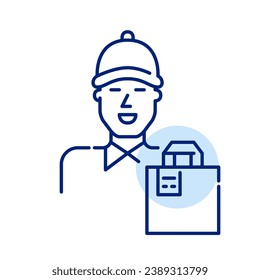 Food delivery service. Courier in polo shirt and baseball cap and paper bag. Pixel perfect, editable stroke