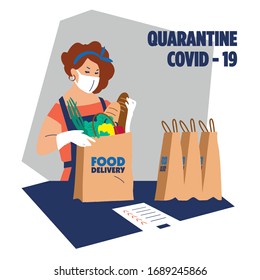 Food delivery service. COVID-19. Quarantine in the city. The epidemic of coronavirus. A girl in a protective medical mask collects a bag of food. Copy space