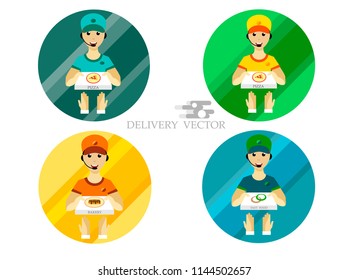 Food Delivery Service. Deliveryman in a flat style. Vector.