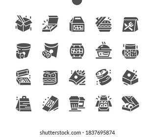 Food delivery service. Different packages. Carton packaging box. Containers in various shapes. Menu for restaurant and cafe. Vector Solid Icons. Simple Pictogram