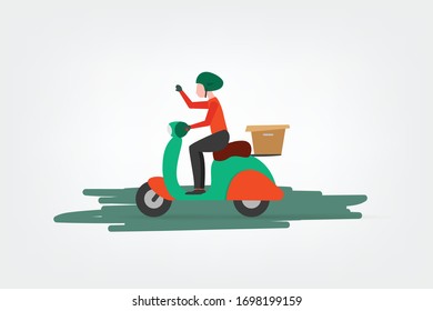 Food delivery service E-commerce concept by scooter courier. application tracking a delivery man on a moped. city skyline in the background, vector