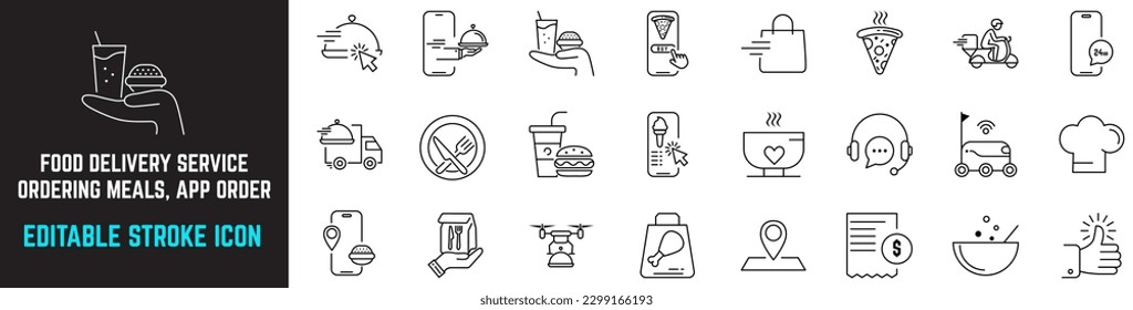 Food delivery service editable stroke icons set. drone, robot delivery, smartphone app food delivery, Ordering Meals, Set of food delivery service vector icons isolated on white background