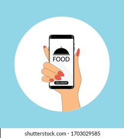Food Delivery Service, Fast Foods Online. Vector image of a smartphone with cooked food for home delivery.