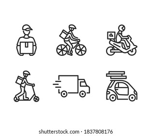 Food delivery service flat line icon set. Vector illustration couriers on different transport, motorbike, car, bicycle and kick scooter. Pizza delivery. Editable strokes