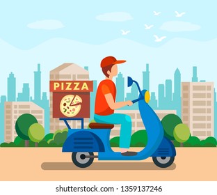 Food Delivery Service Flat Vector Illustration. Courier on Scooter Delivering Pizza. Fast and Free Shipping. Cartoon Character Driving Motorcycle. Urban Transport. Modern Apartment Buildings