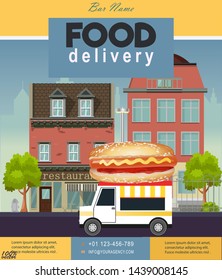 Food Delivery Service Flat Vector Design. Delivering Hot Dog On Truck. Fast And Free Shipping. Urban Transport. Medieval Apartment Buildings. A Right Choice For Every Street Food Or Food Truck Events.