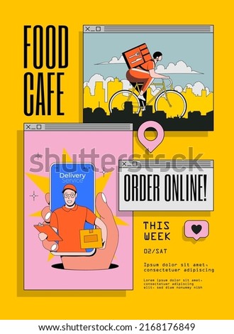 Food delivery service flyer or poster design template with vintage computer popup windows interface with delivery guy or courier illustration on yellow background. Vector illustration