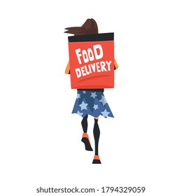 Food Delivery Service, Food Delivery Girl Carrying Backpack Box, Teenage Courier Character Walking with Parcel on her Back Cartoon Style Vector Illustration