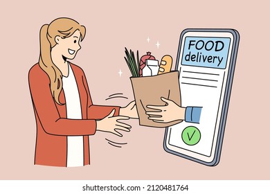 Food Delivery Service To Home Concept. Young Smiling Woman Standing Getting Food Parcel From Online From Smartphone Screen Vector Illustration 