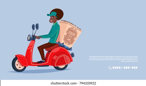 Food Delivery Service Icon African American Courier Boy Riding Motor Bike Delivering Grocery Flat Vector Illustration