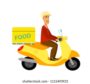 Food Delivery Service Icon Courier Boy Riding Motor Bike Delivering Grocery. Vector illustration in cartoon style.