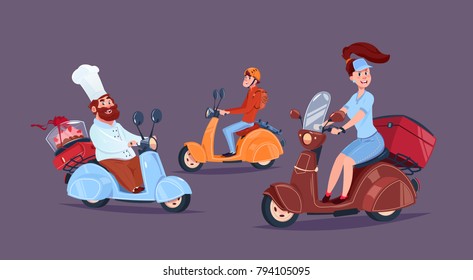 Food Delivery Service Icon Courier People Riding Motor Bikes Flat Vector Illustration