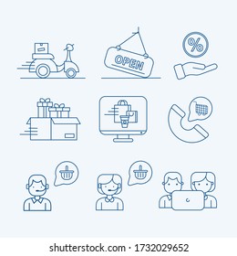 Food delivery service icon set, outline style.