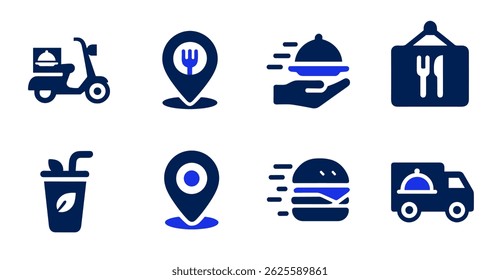 Food Delivery Service Icons Scooter, Location, Restaurant, Burger, Truck, Drink