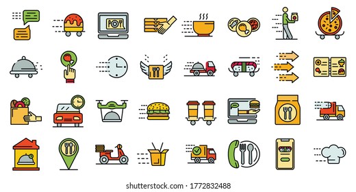 Food delivery service icons set. Outline set of food delivery service vector icons thin line color flat on white