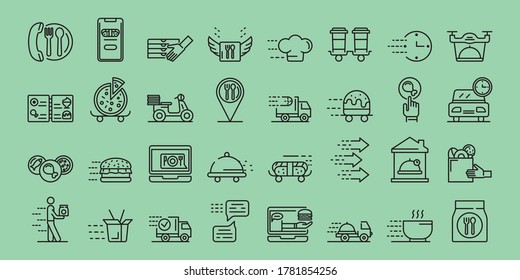 Food delivery service icons set, outline style