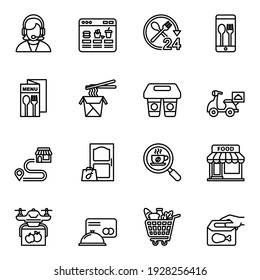 Food delivery service icons set with white background. Thin line style stroke vector.