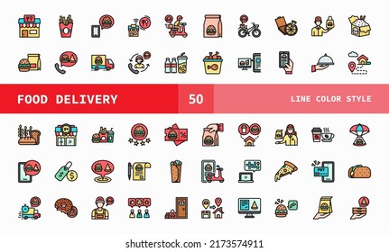 Food delivery service icons set. Line Color set of food delivery service vector icons for web design isolated on white background. Can used for digital product, presentation, UI and many more.