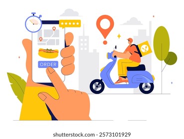 Food Delivery Service Illustration Featuring Online Food Ordering through a Mobile App and Fast Delivery to Your Preferred Location in a Background