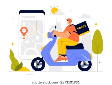 Food Delivery Service Illustration Featuring Online Food Ordering through a Mobile App and Fast Delivery to Your Preferred Location in a Background