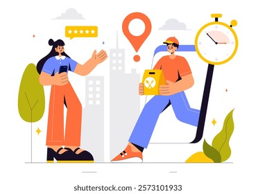 Food Delivery Service Illustration Featuring Online Food Ordering through a Mobile App and Fast Delivery to Your Preferred Location in a Background