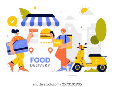 Food Delivery Service Illustration Featuring Online Food Ordering through a Mobile App and Fast Delivery to Your Preferred Location in a Background