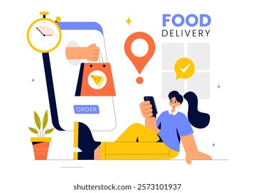 Food Delivery Service Illustration Featuring Online Food Ordering through a Mobile App and Fast Delivery to Your Preferred Location in a Background