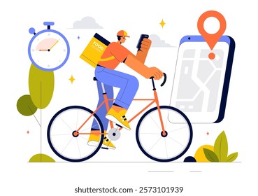 Food Delivery Service Illustration Featuring Online Food Ordering through a Mobile App and Fast Delivery to Your Preferred Location in a Background