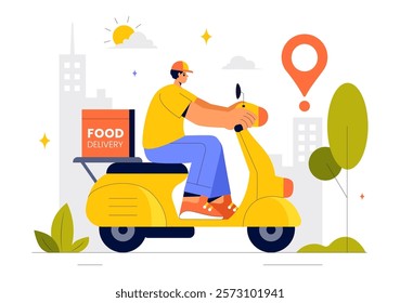 Food Delivery Service Illustration Featuring Online Food Ordering through a Mobile App and Fast Delivery to Your Preferred Location in a Background