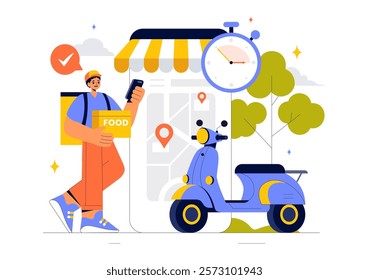 Food Delivery Service Illustration Featuring Online Food Ordering through a Mobile App and Fast Delivery to Your Preferred Location in a Background