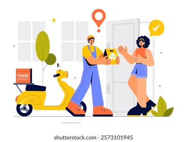 Food Delivery Service Illustration Featuring Online Food Ordering through a Mobile App and Fast Delivery to Your Preferred Location in a Background