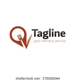 Food delivery service logotype design concept. Map tag, fork and knife elements. Editable EPS vector