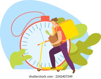 Food delivery service, man courier with order vector illustration. Deliver box package by fast scooter transport. Man woman charcater