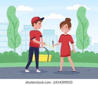 Food Delivery Service with Man Courier Stand with Woman Consumer Vector Illustration