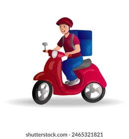 Food delivery service. A man on a scooter with a large bag on his back. Vector illustration.