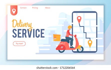 Food delivery service. Man riding a red retro scooter, moped. Online pizza order. Masked courier guy on a moped with trunk case box carries a parcel. Landing page concept vector illustration flat 