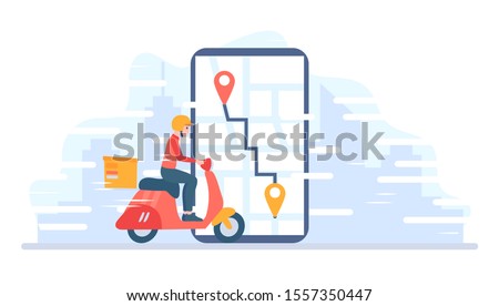 Food delivery service. Man riding a red retro scooter, motorcycle. Online pizza order. A courier guy on a moped  with trunk case box carries a parcel. Concept vector illustration in cartoon flat style