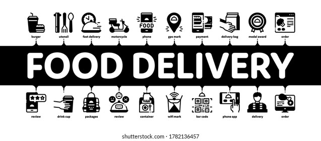 Food Delivery Service Minimal Infographic Web Banner Vector. Food Delivery Boy And Motorcycle, Online Order And Phone Application, Utensil And Nutrition Illustration