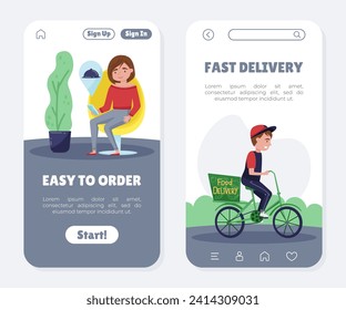 Food Delivery Service Mobile App Interface with Man Courier Ride Bicycle and Woman Consumer Vector Template