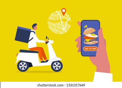  Servicio de entrega de alimentos. Aplicación móvil. Joven mensajero macho con una mochila grande montando una moto. Ilustración vectorial plana editable, imagen prediseñada